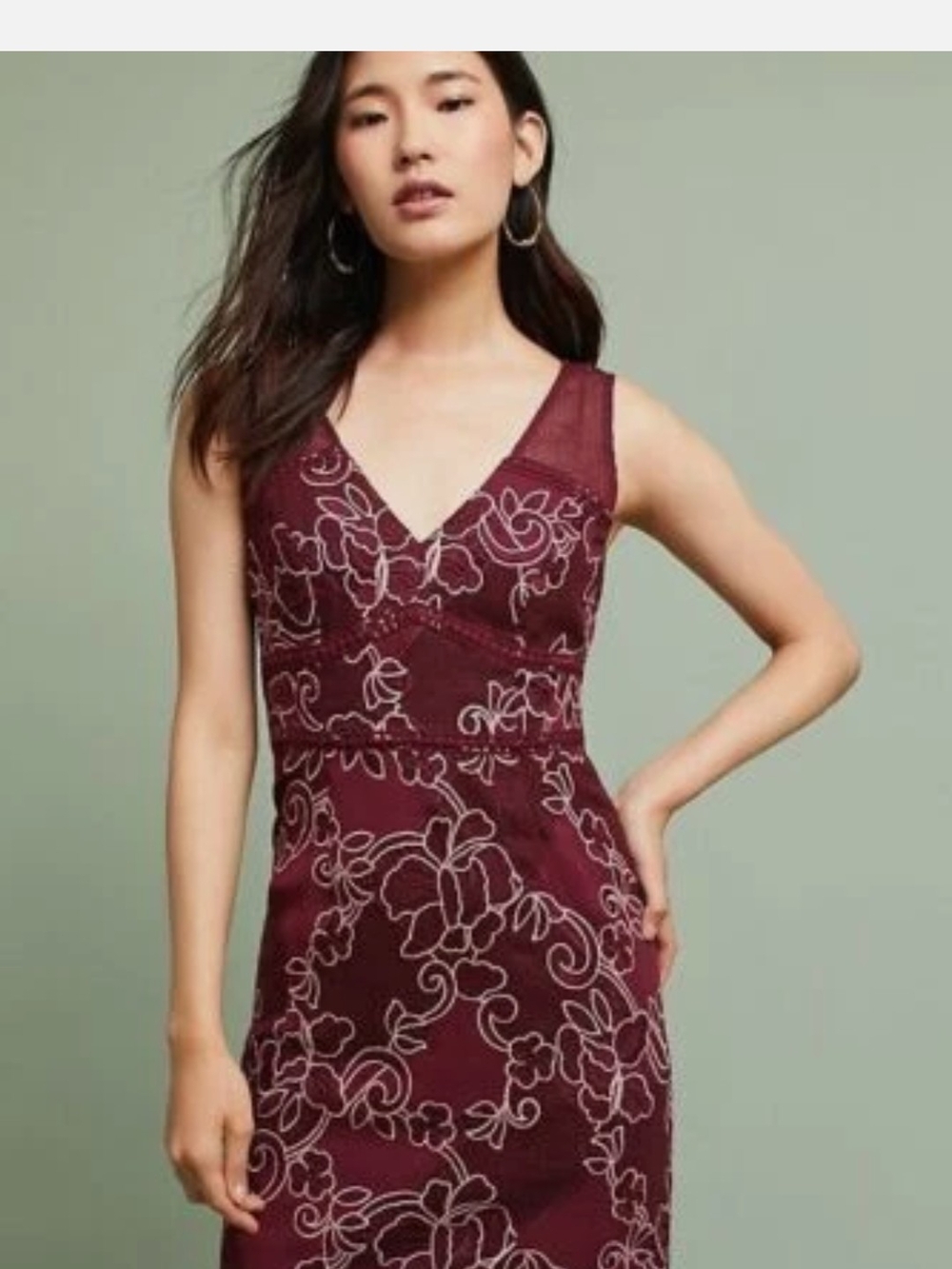 Anthropologie Moullinette Burgundy Lace Embroidered Midi Dress Size 14